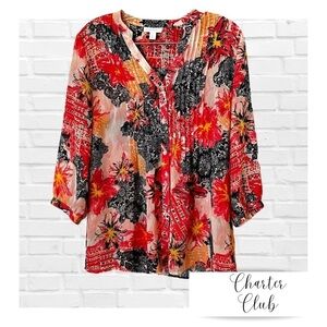 Charter Club Floral Sheer Coral Navy Orange Blouse 3/4 Length Sleeves Small